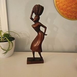 Vintage Hand Carved Woman with Basket Sculpture